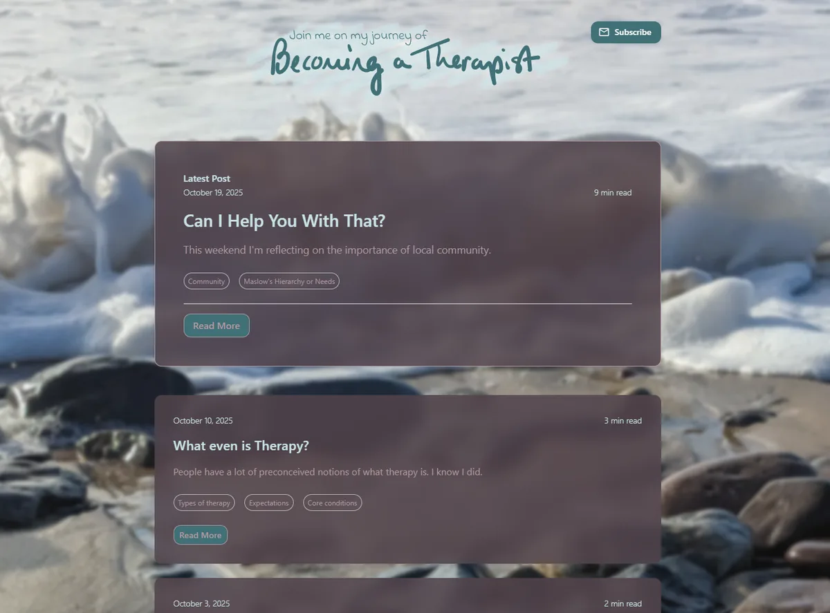 Screenshot of the Becoming a Therapist blog platform showing published articles