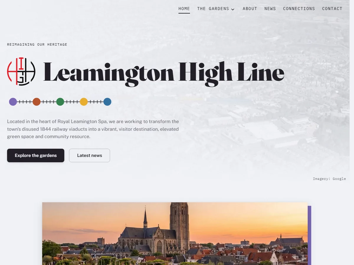 Screenshot of the Leamington High Line website homepage with its hero tagline and garden route map