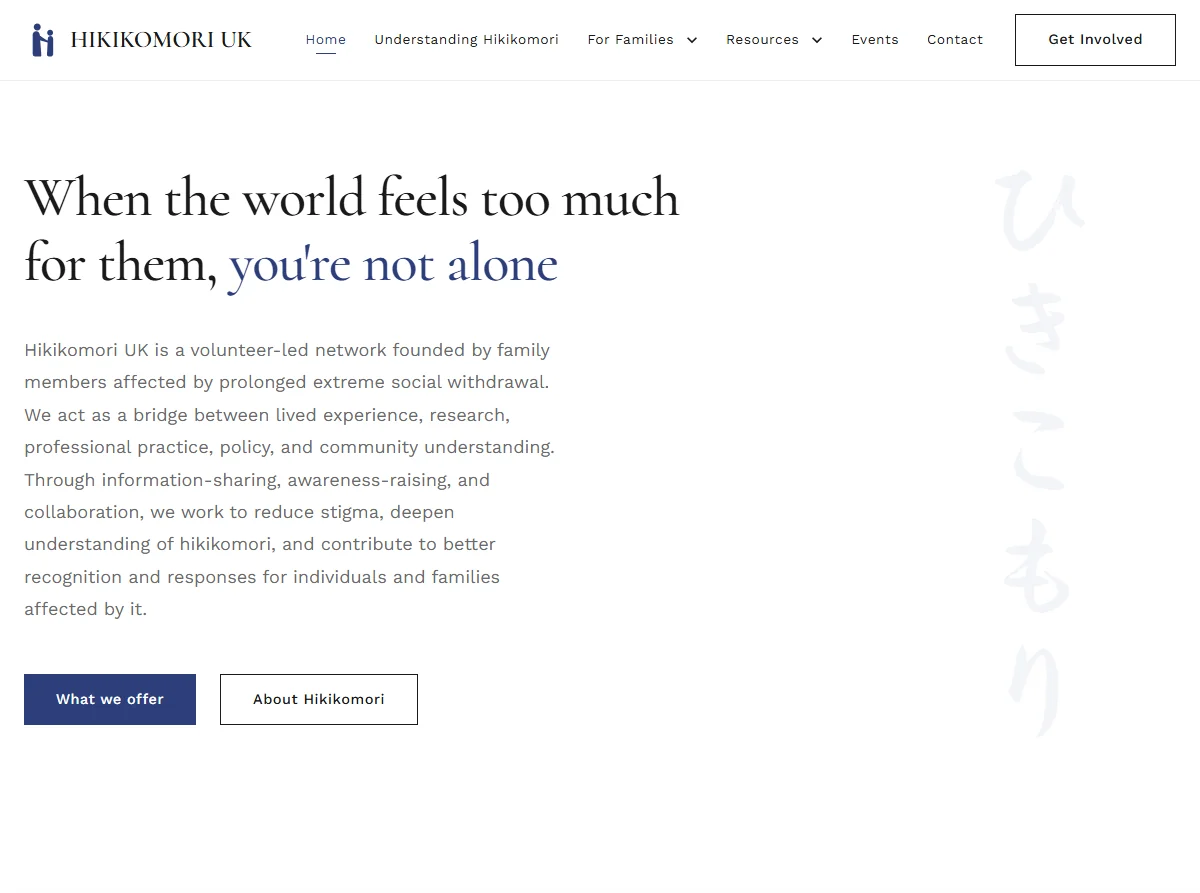 Screenshot of the Hikikomori UK website homepage with its supportive hero message for families