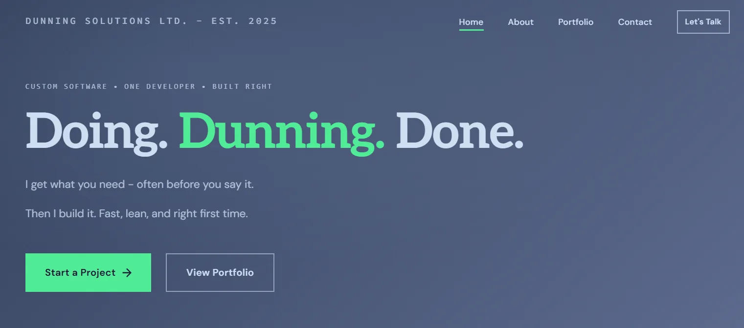 Screenshot of the Dunning Solutions website homepage with its editorial hero layout