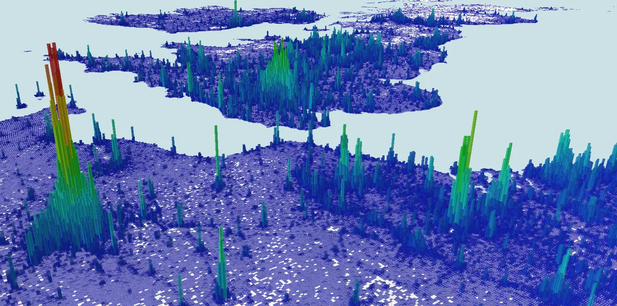 3D world map visualisation of global population density